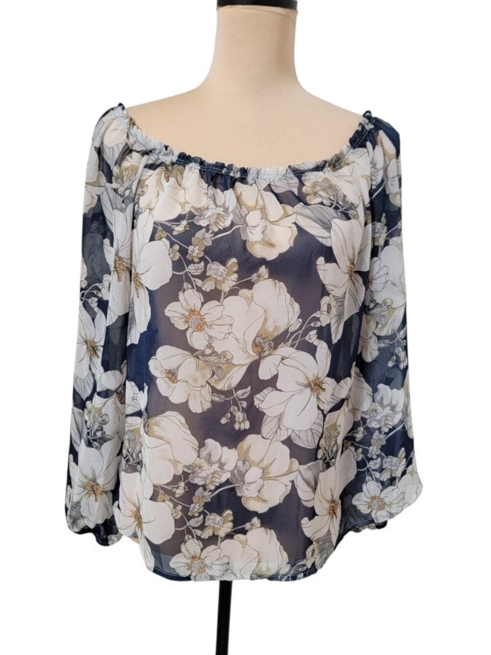 Windsor Size L "Day Soiree Floral Chiffon Blouse" Navy Blue with Floral